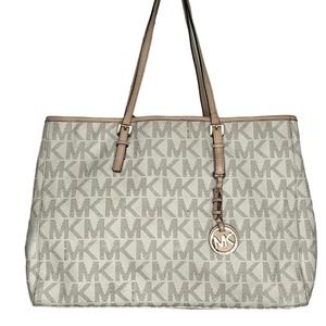 Michael Kors Jet Set Large Tote Vanilla Signature MK Logo Coated Canvas Leather
